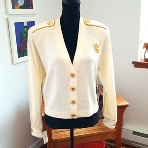 ST. JOHN Vintage 90s Naval Cardigan with Brooch Ecru Gold Medium NWT